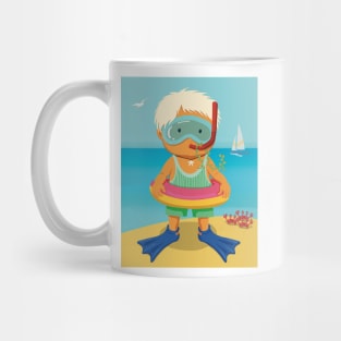 Cute little boy is on vacation dressed for snorkeling in the turquoise sea Mug